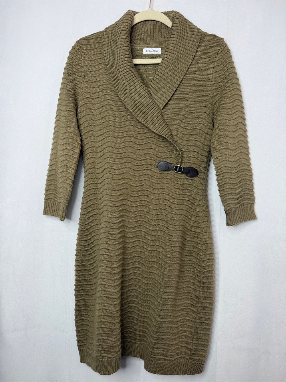 Calvin Klein Olive Ribbed Shawl-Collar Knit Dress with Toggle